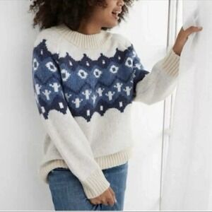 Aerie Fair Isle Chunky Knit Wool Blend Sweater Womens Medium Blue Ivory